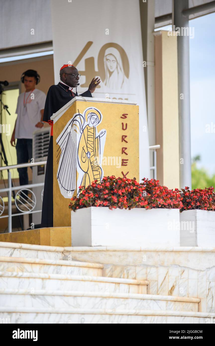 Le cardinal Robert Sarah bénit les fidèles en conclusion de sa catéchèse pendant Mladifest 2021 – le festival de la jeunesse – à Medjugorje. Banque D'Images
