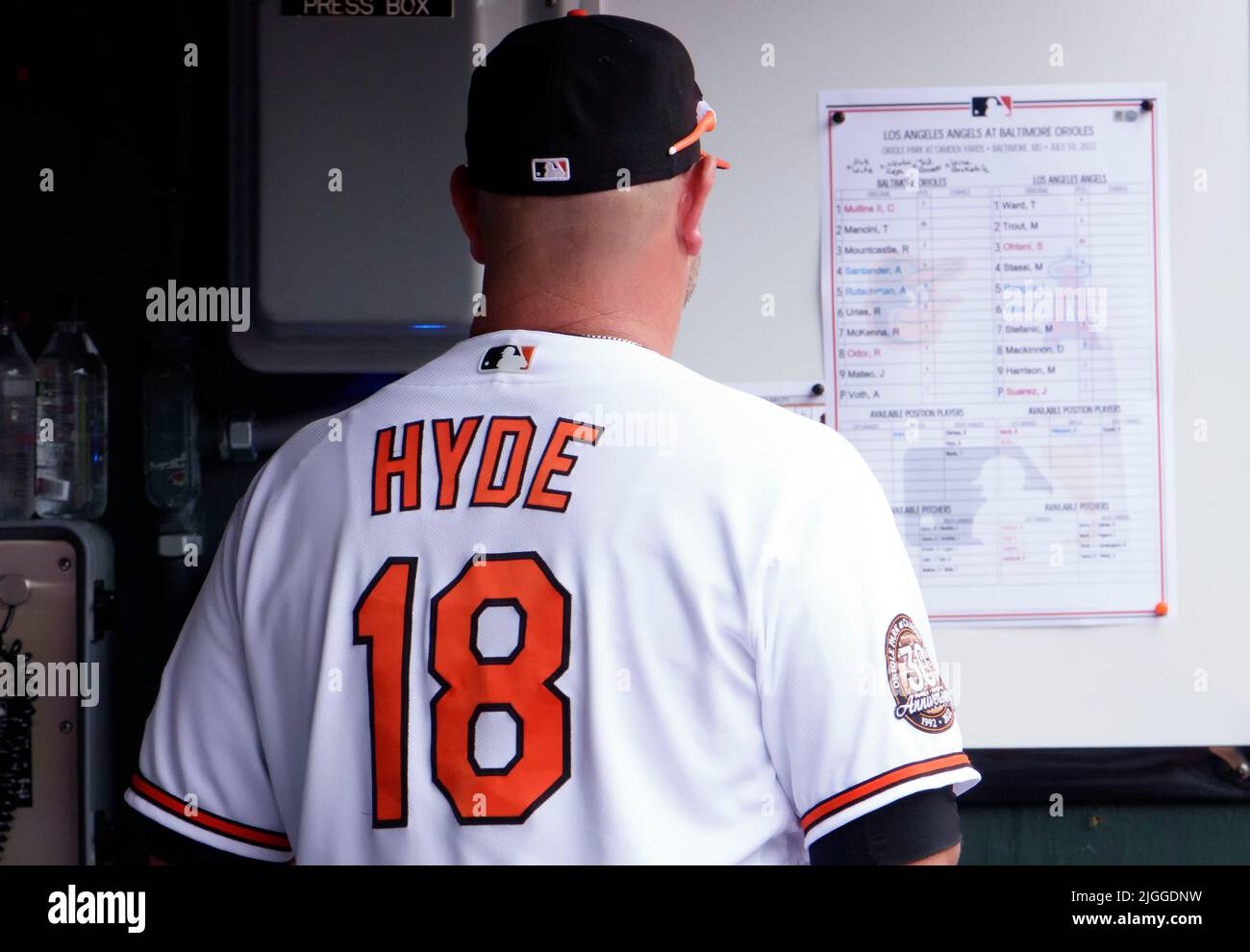 Baltimore, États-Unis. 10th juillet 2022. BALTIMORE, MD - JUILLET 10: Baltimore Orioles Manager Brandon Hyde (18) avant un match de MLB entre les Baltimore Orioles et les Los Angeles Angels, sur 10 juillet 2022, au parc Orioles à Camden yards, à Baltimore, Maryland. (Photo de Tony Quinn/SipaUSA) crédit: SIPA USA/Alay Live News Banque D'Images