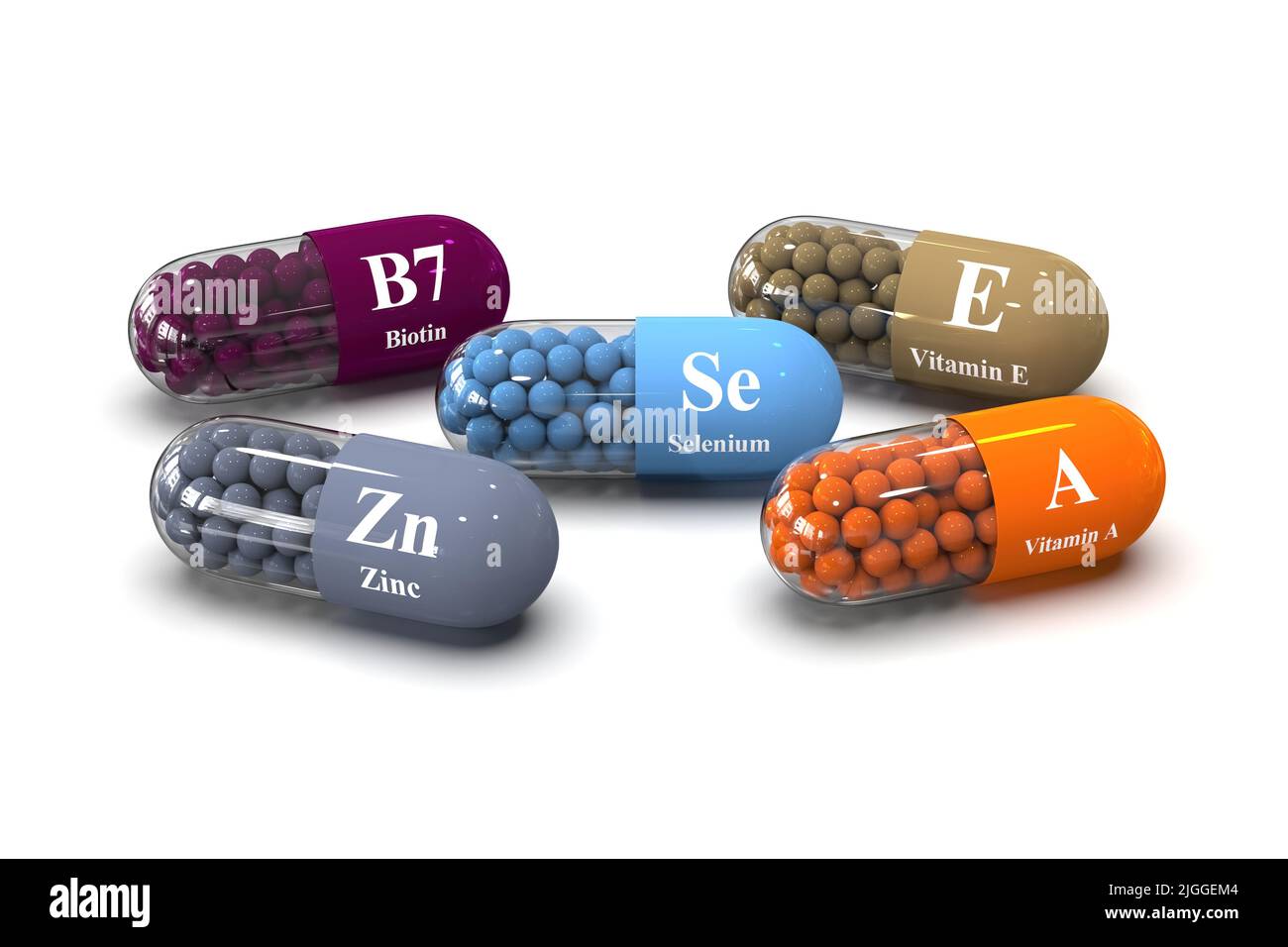 Jeu de capsules avec des éléments nutritifs de détox et des vitamines B7, zinc, vitamine A, E, sélénium sur fond blanc. Illustration de rendu Medical 3D Banque D'Images