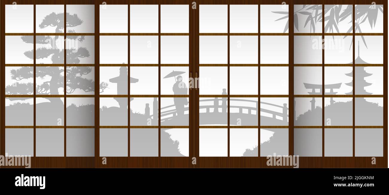 Silhouette de jardin japonais à travers l'illustration vectorielle shoji (porte-fenêtre traditionnelle japonaise) Illustration de Vecteur