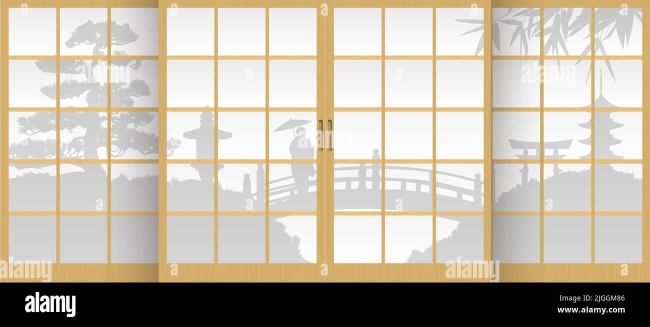 Silhouette de jardin japonais à travers l'illustration vectorielle shoji (porte-fenêtre traditionnelle japonaise) Illustration de Vecteur