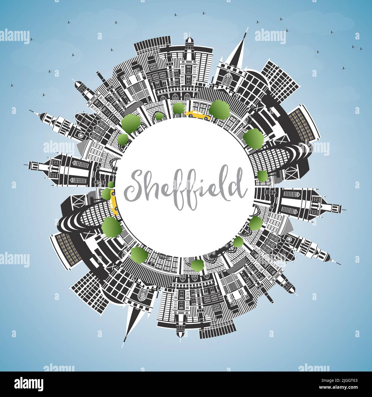 Sheffield UK City Skyline avec bâtiments couleur, ciel bleu et espace de copie. Illustration vectorielle. Ville de Sheffield dans le Yorkshire du Sud avec sites touristiques. Illustration de Vecteur