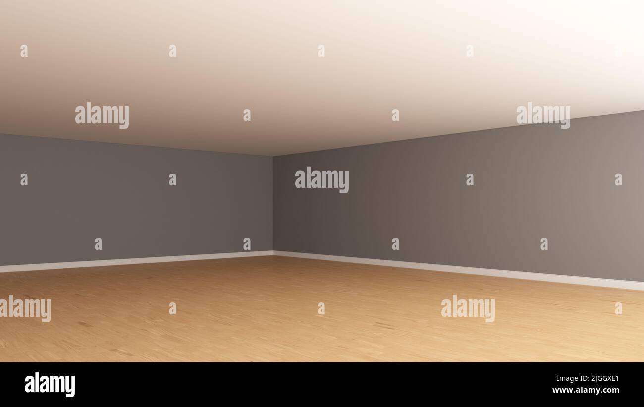 Coin intérieur avec murs gris, plafond blanc, parquet clair et un Plinth blanc. Chambre vide non meublée. Vue en perspective. 3D rendu, Ultra HD 8K, 7680x4320, 300 dpi Banque D'Images