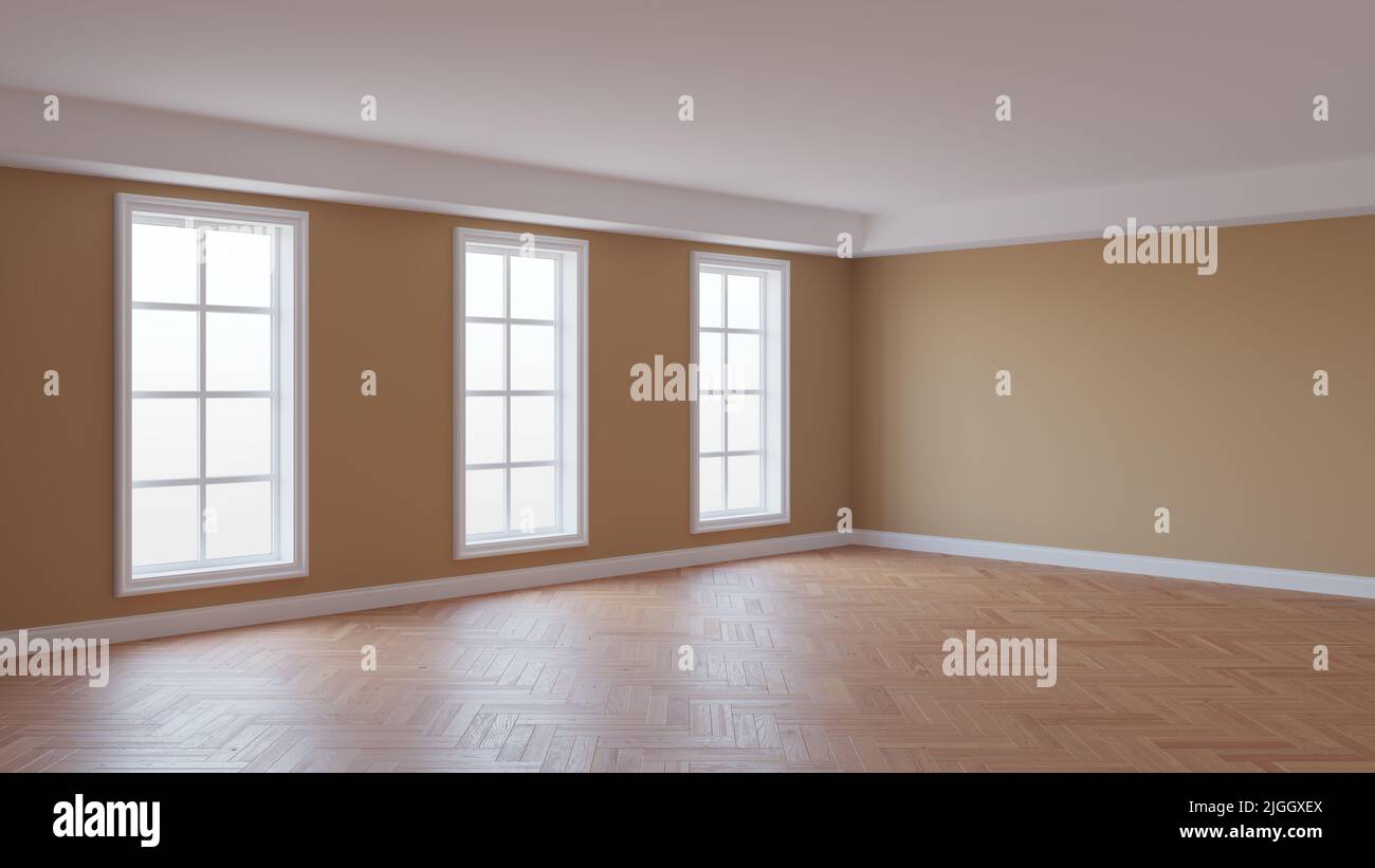 Magnifique coin intérieur avec murs beige, parquet brillant à chevrons, trois grandes fenêtres et un Plinth blanc. Concept de chambre vide. Rendu 3D, 8K Ultra HD, 7680 x 4320, 300 dpi Banque D'Images