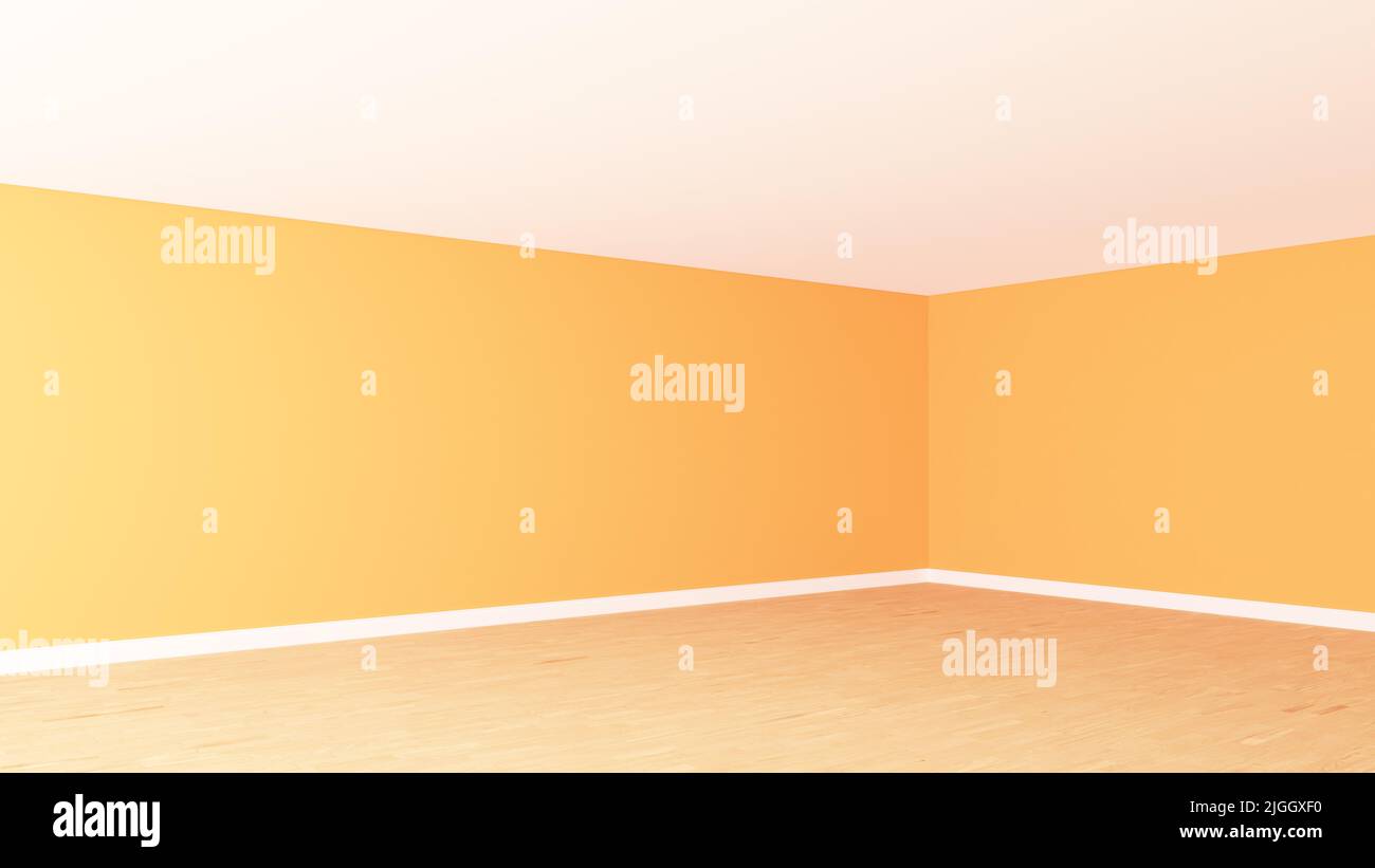 Coin intérieur vide avec murs orange vif, plafond blanc, parquet clair et un Plinth blanc. Chambre vide non meublée. Vue en perspective. Rendu 3D, Ultra HD 8K, 7680x4320, 300 dpi Banque D'Images