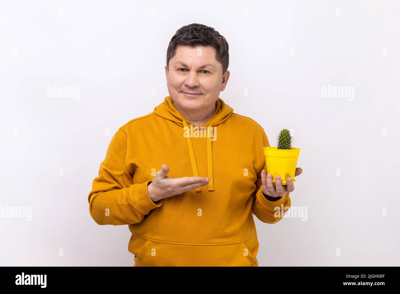 Portrait d'un homme positif satisfait tenant présentant pot de fleur jaune et cactus, regardant l'appareil photo avec un sourire en terre cuite, portant le sweat à capuche de style urbain. Studio d'intérieur isolé sur fond blanc. Banque D'Images