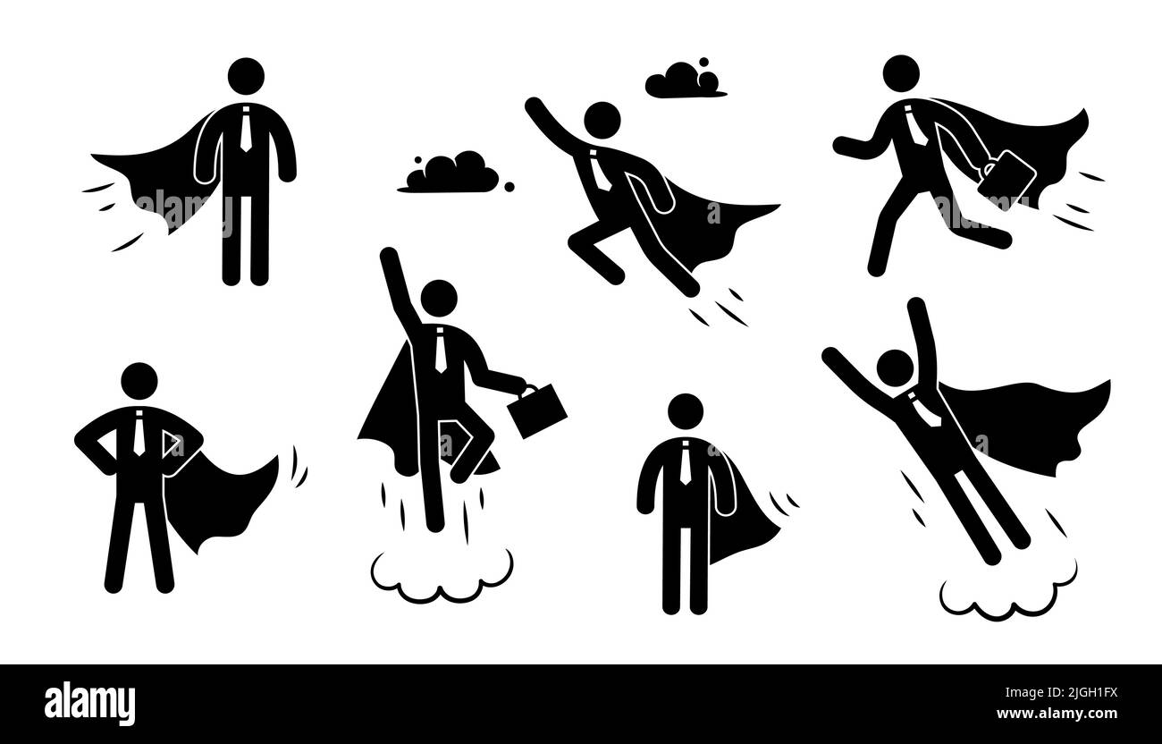 Jeu d'icônes de l'homme de pictogramme de superhéros d'affaires. Figure de bâton volant d'homme d'affaires super-héros. Employé de la victoire, personne du pictogramme de l'employeur. Illustration vectorielle. Illustration de Vecteur