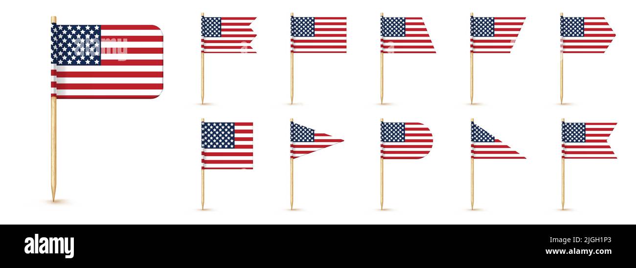 Drapeau américain de cure-dent isolé sur bâton de bois avec papier blanc. Petit choix de dents réaliste pour le déjeuner. Décoration de cocktail Vector Illustration de Vecteur