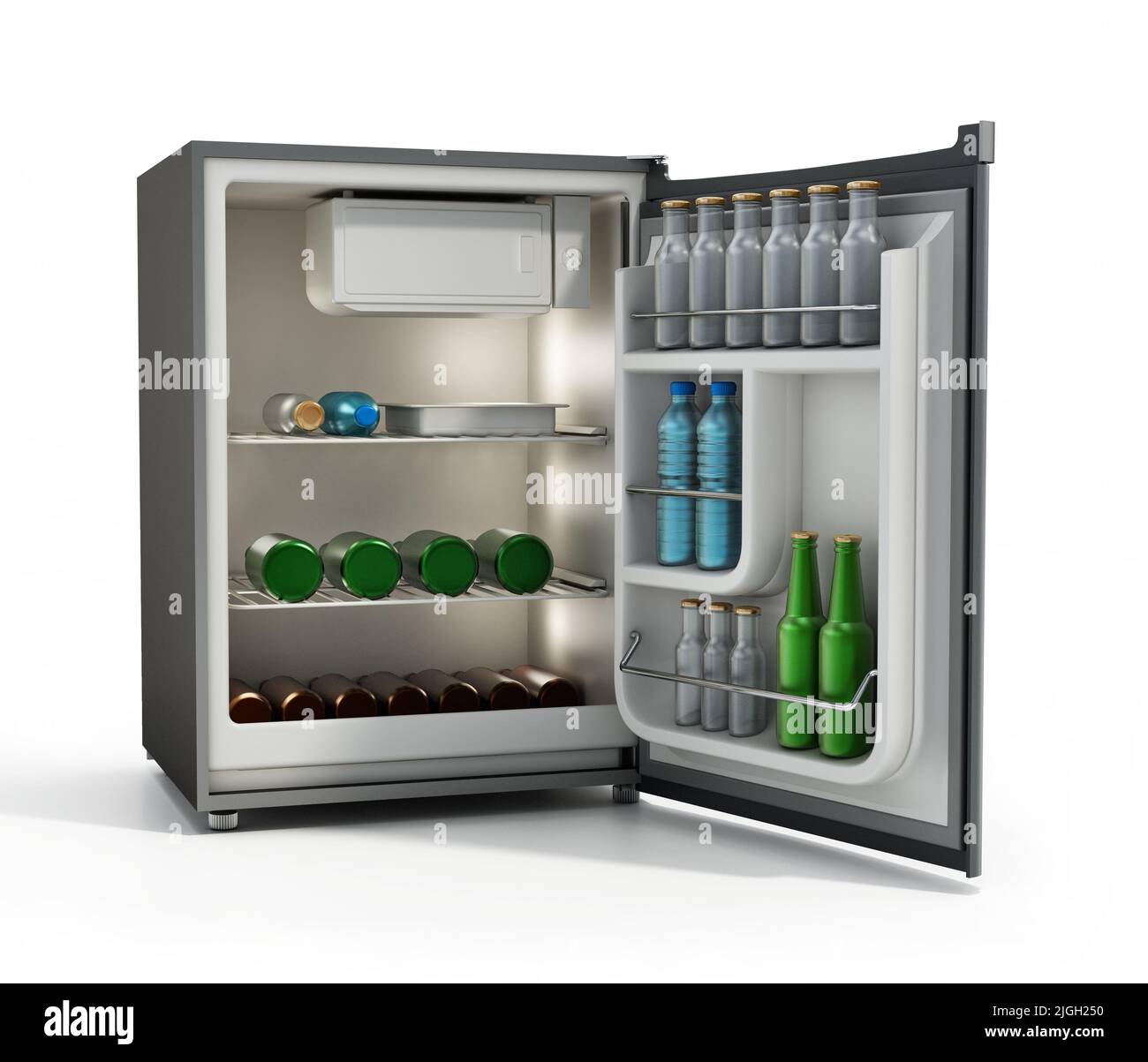 Mini-réfrigérateur rempli de boissons isolées sur fond blanc. 3D illustration. Banque D'Images