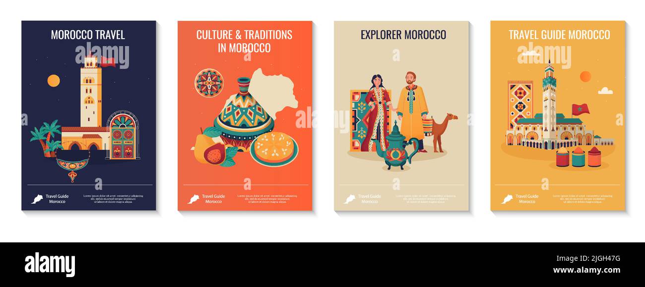 Ensemble de quatre affiches de guide de voyage au maroc dans un style plat avec vues de pays cuisine gens tapis poterie chameau isolé illustration vectorielle Illustration de Vecteur