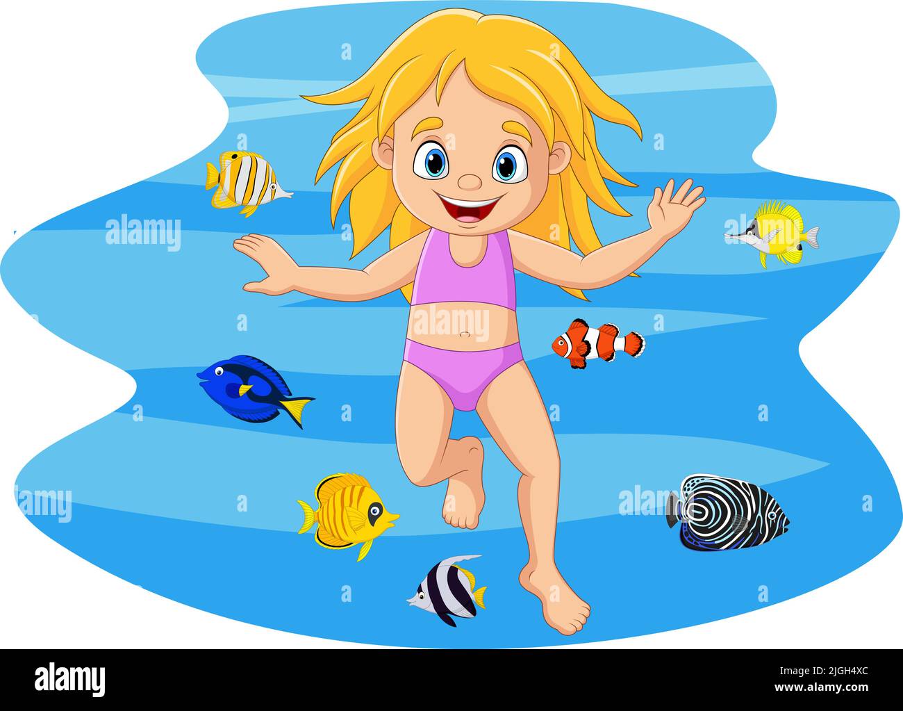 Dessin animé petite fille nageant sous l'eau avec des poissons
