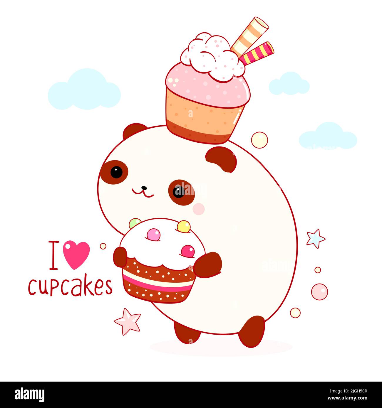 Jolie carte carrée style kawaii. Panda gras drôle avec petits gâteaux. Inscription J'aime les cupcakes. Peut être utilisé pour l'impression de t-shirt, les autocollants, la carte de vœux d Illustration de Vecteur