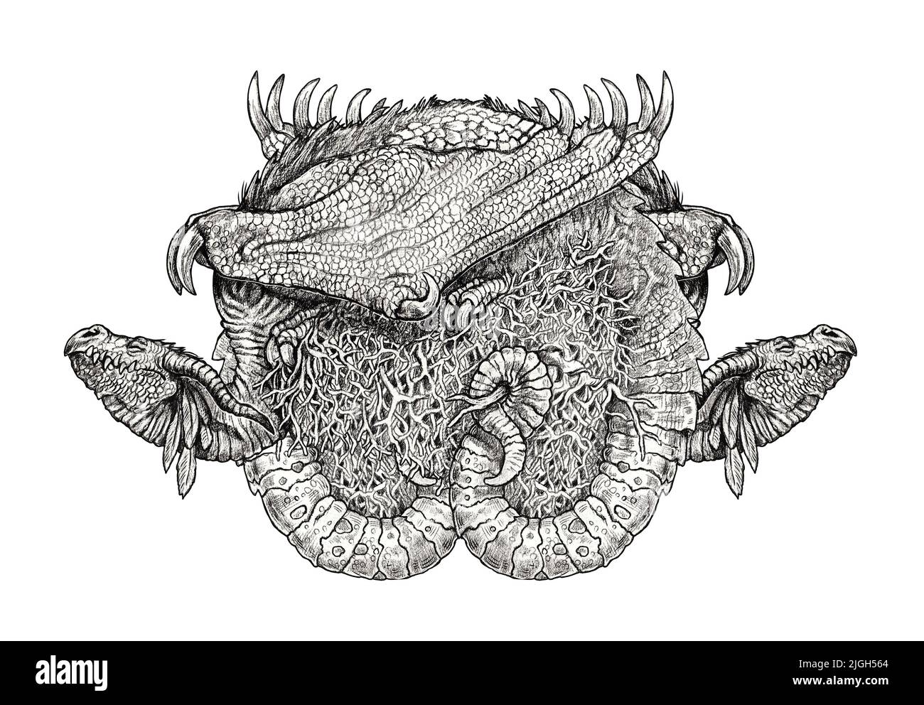 Famille Dragon. Créature fantaisie dans le nid. Dessin au crayon isolé. Banque D'Images
