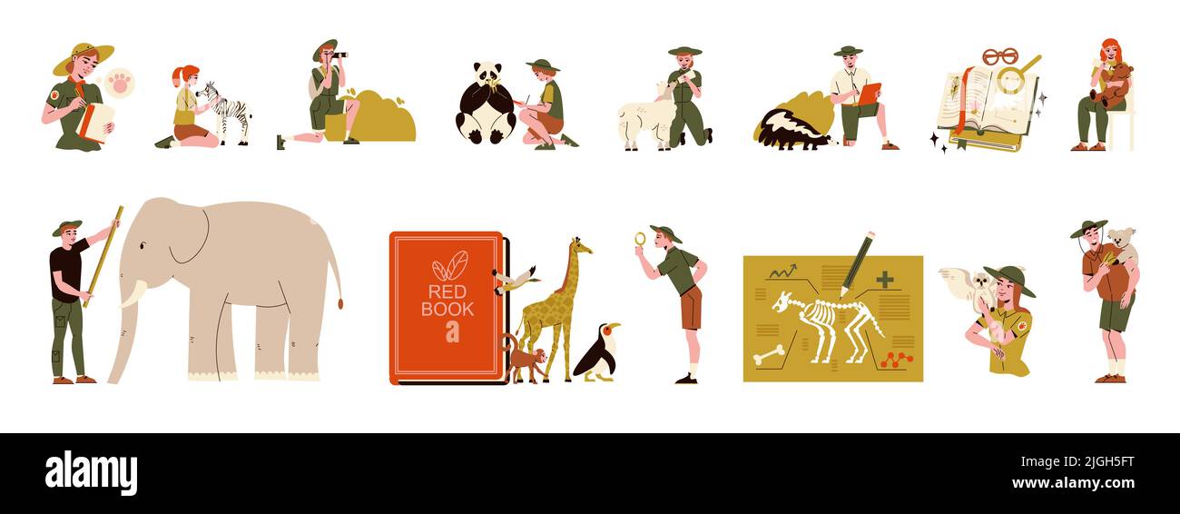 Ensemble de compositions isolées de zoologiste avec des personnages humains de chercheurs animaux avec des livres et des illustrations vectorielles d'animaux de zoo Illustration de Vecteur