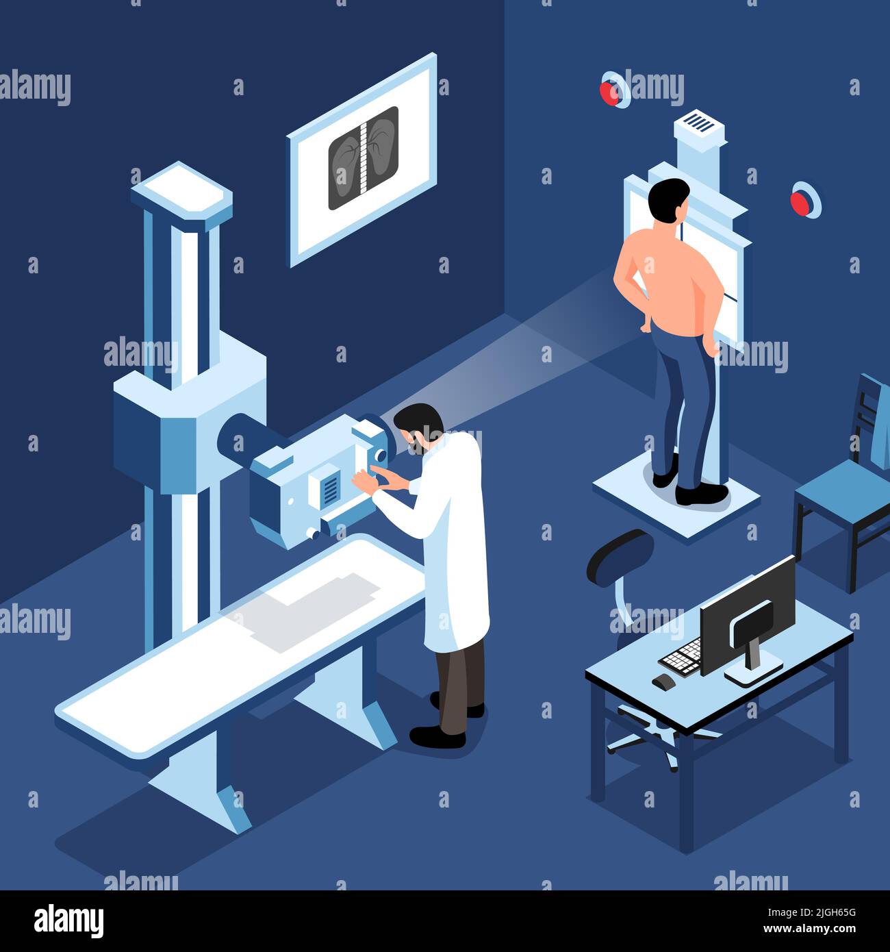 Concept de diagnostic d'acquisition en couleur le patient est X trahied dans une illustration vectorielle de pièce spécialement équipée Illustration de Vecteur