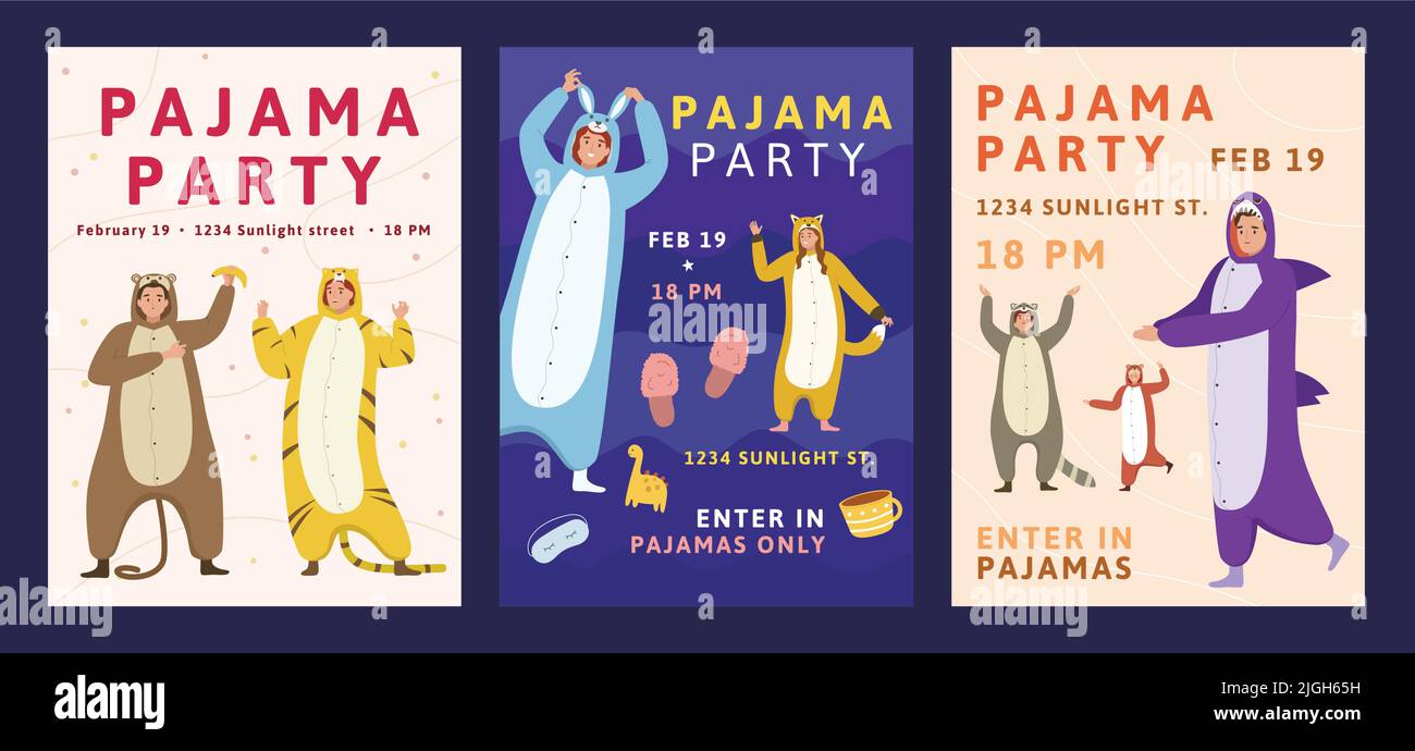 Kigurumi pajama fête cartes d'invitation ensemble dans le style plat avec les gens heureux portant le pyjama sur fond de couleur illustration vectorielle isolée Illustration de Vecteur