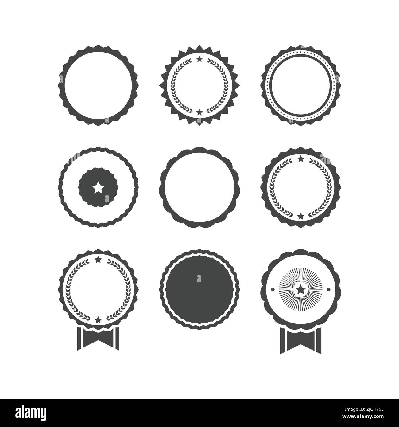 Tampon en caoutchouc, ensemble de vecteurs pour badge en ruban. Modèle de joint avec jeu d'icônes remplies de Laurier. Illustration de Vecteur