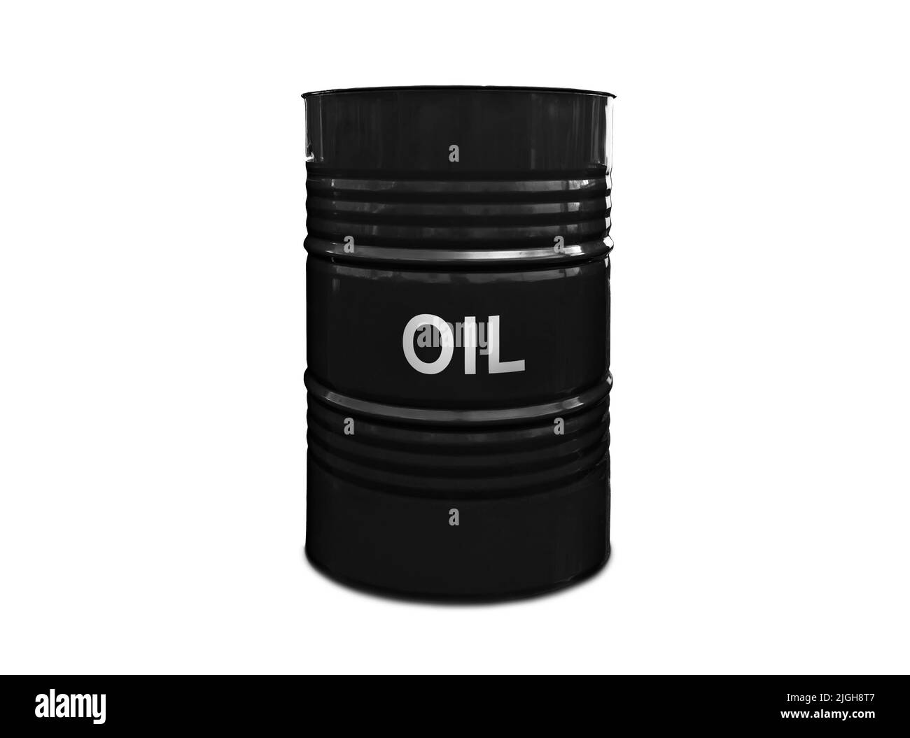 Baril de pétrole noir isolé sur fond blanc. L'inscription huile sur le baril Banque D'Images