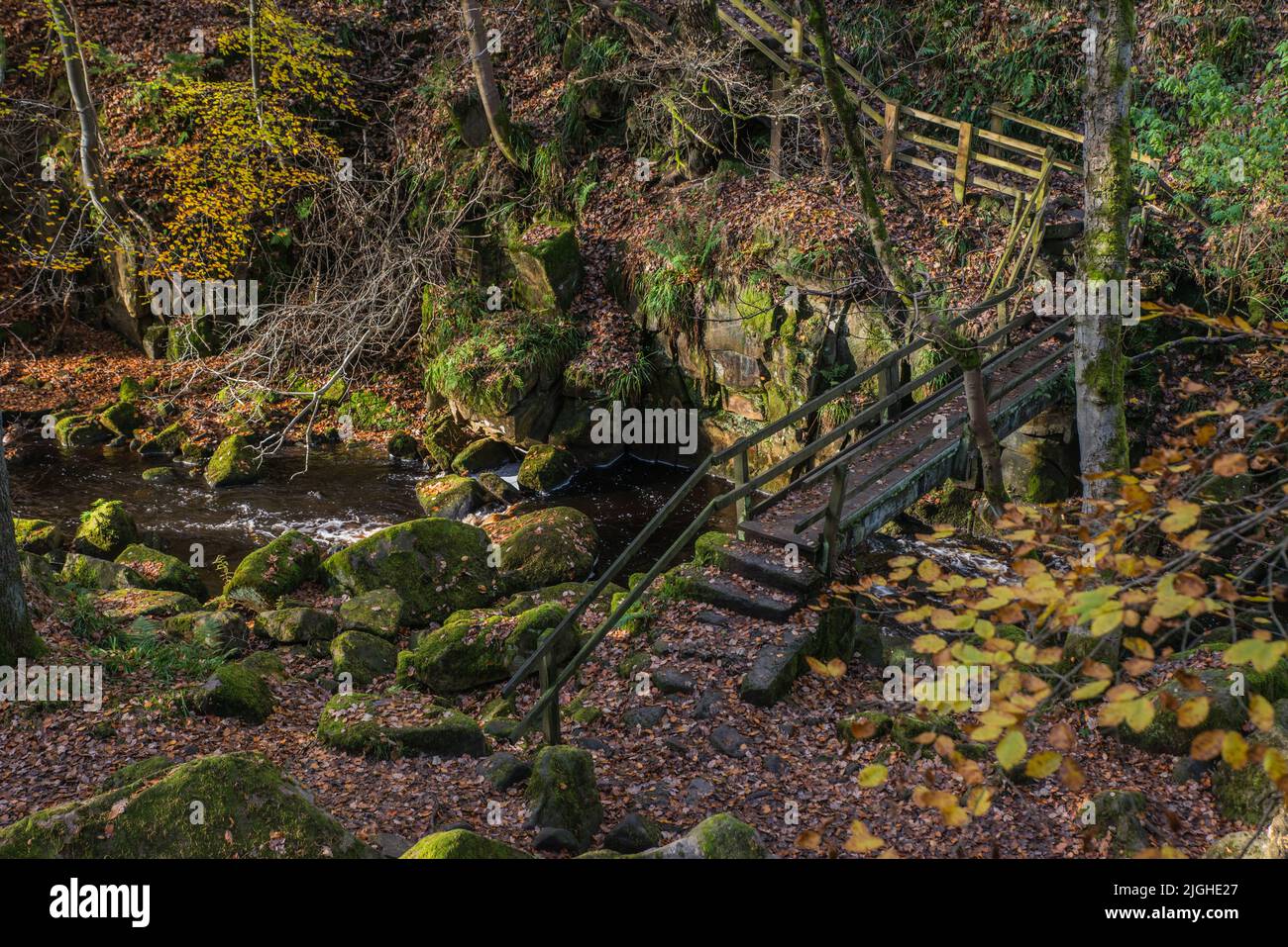 Pont en bois au-dessus du ruisseau Burbage à Padley gorge, Derbyshire Banque D'Images