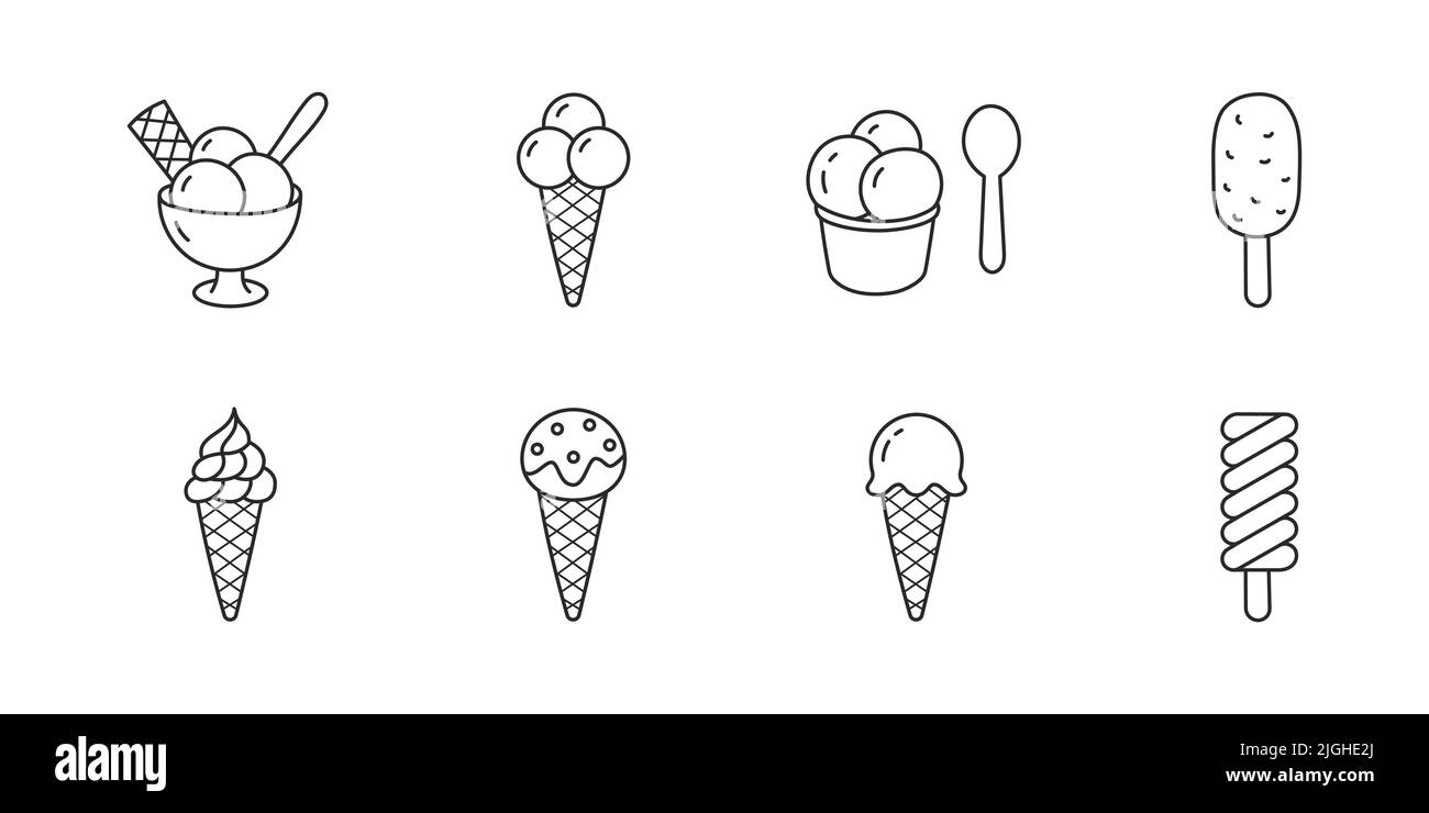 Illustration de l'oedle de la crème glacée avec des icônes - eskimo, sundae, gaufre, boule de sorbet froid, tasse, bol, cuillère. Des œuvres d'art sur les desserts glacés Illustration de Vecteur