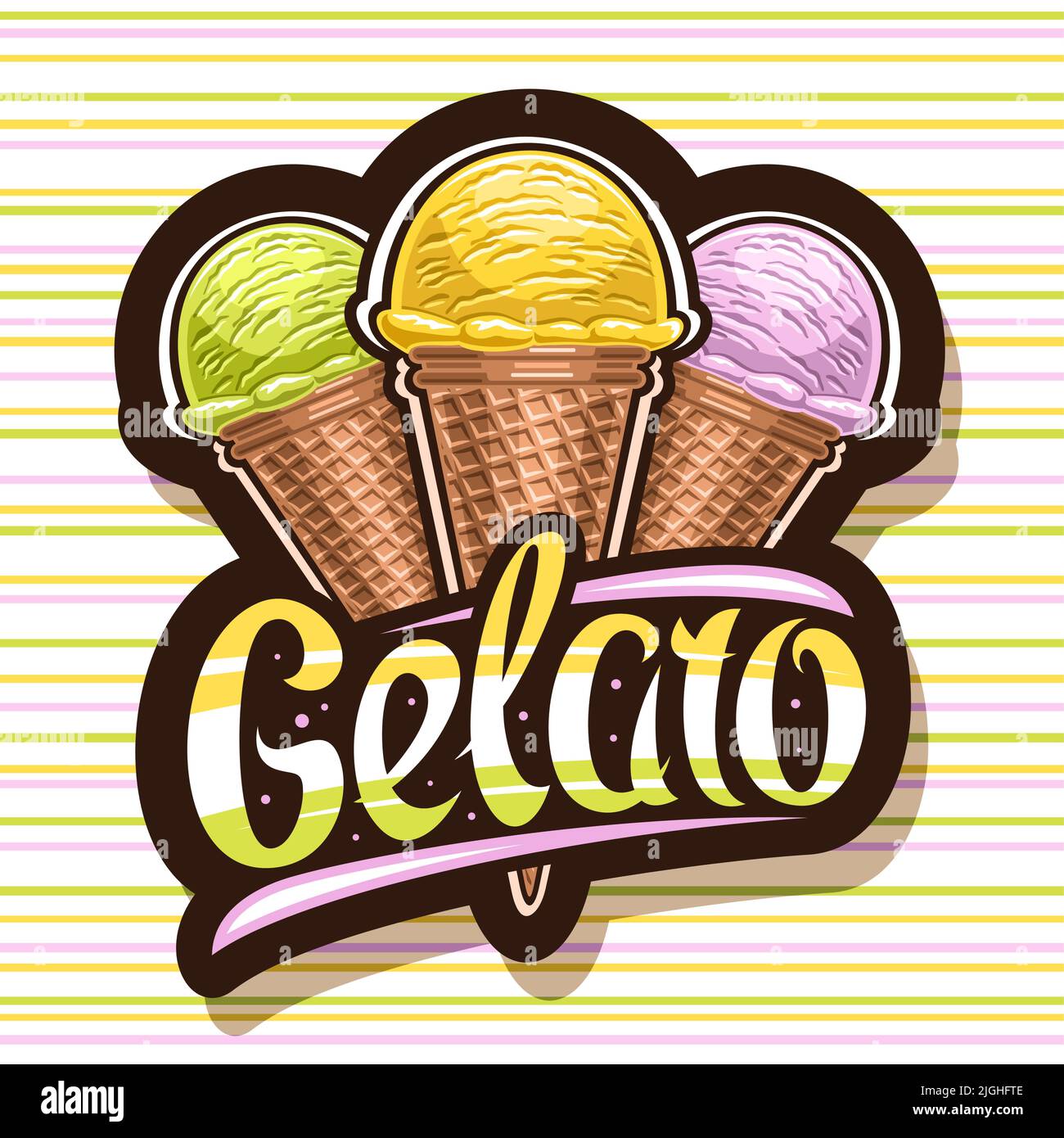 Logo Vector pour Italian Gelato, panneau noir pour enfants café avec illustration de trois différentes crèmes glacées délicieuses dans des cônes à gaufres au chocolat, à croque-bune Illustration de Vecteur