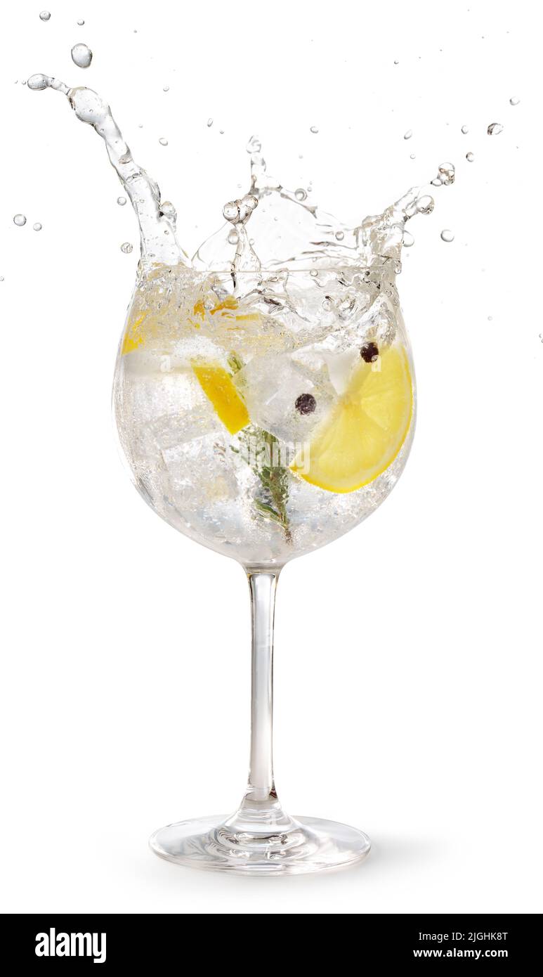 gin tonique garni de citron et de romarin éclaboussant sur fond blanc Banque D'Images