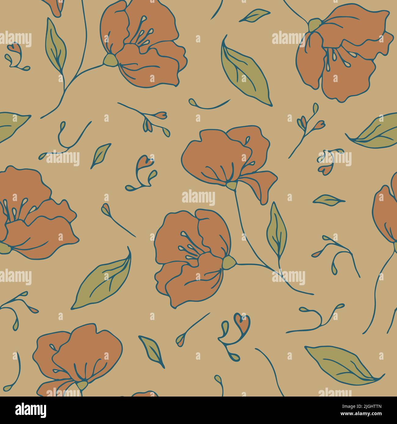 Motif vectoriel sans couture avec fleurs douces sur fond beige. Papier peint simple à motif fleuri dessiné à la main. Textile décoratif de mode vintage. Illustration de Vecteur