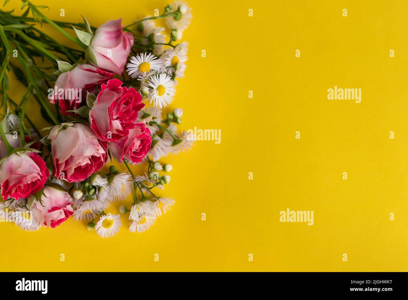 Bouquet de fleurs sur fond jaune avec espace pour le texte Banque D'Images