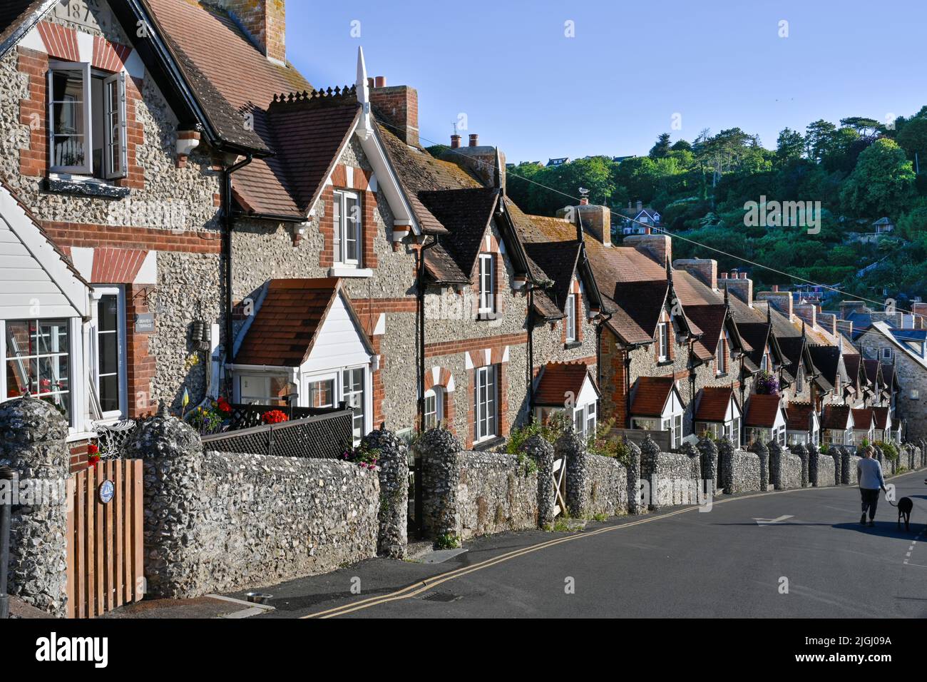 Devon Beer Fisherman's Cottages surplombant Beer Beach Banque D'Images