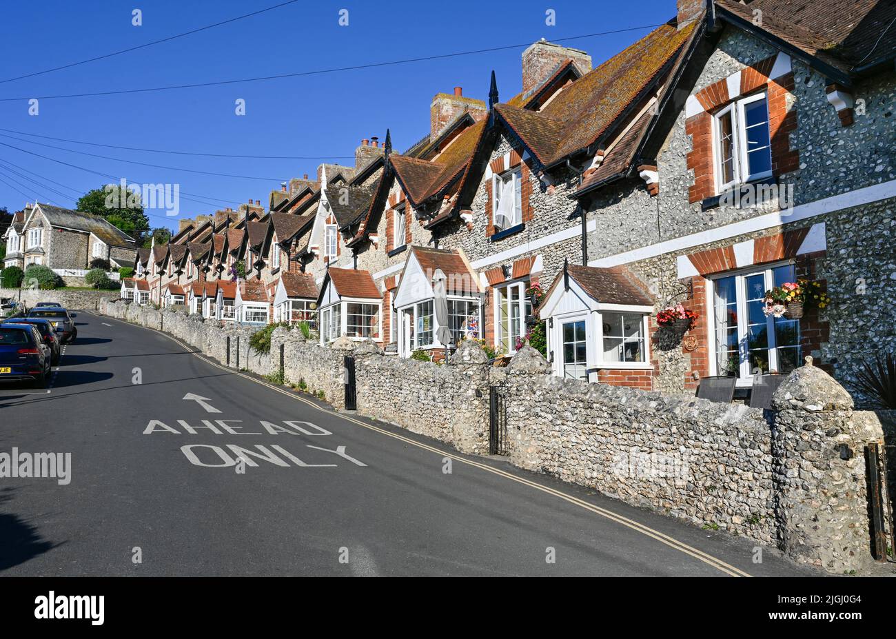 Devon Beer Fisherman's Cottages surplombant Beer Beach Banque D'Images