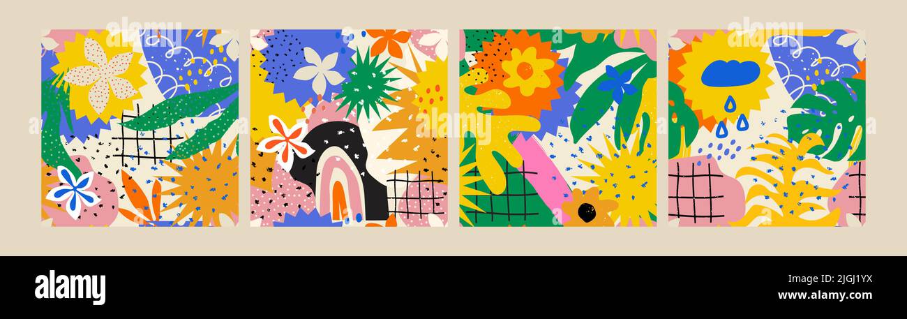 Motifs tropicaux, lumineux et exotiques de formes diverses, éléments simples, fleurs, feuilles, arc-en-ciel. Idéal pour l'emballage, le papier peint et la décoration Illustration de Vecteur