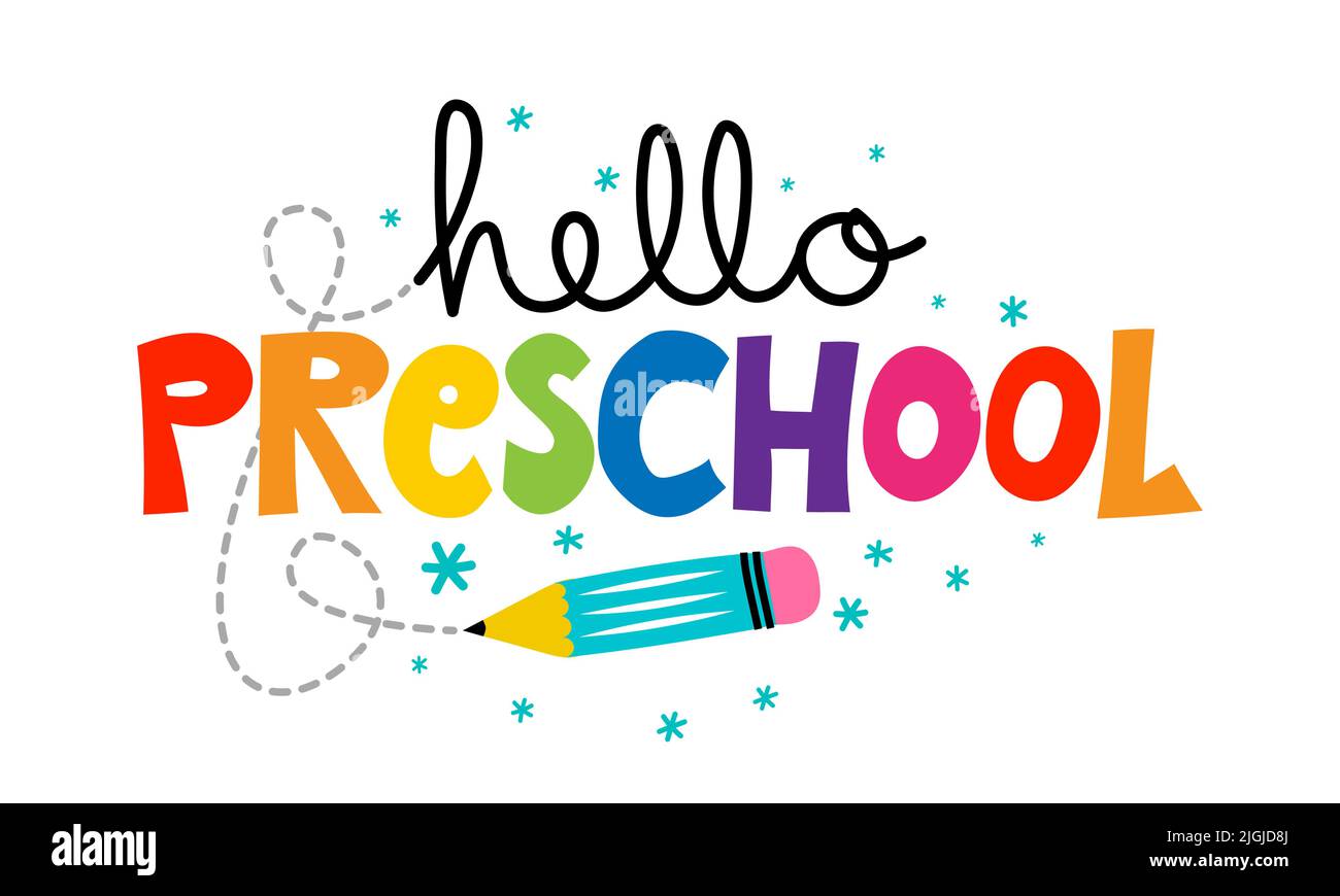 Bonjour Preschool avec crayon coloré puéril - conception typographique. Idéal pour les vêtements, les ensembles-cadeaux, les photos ou les affiches de motivation. Bienvenue à l'école Illustration de Vecteur