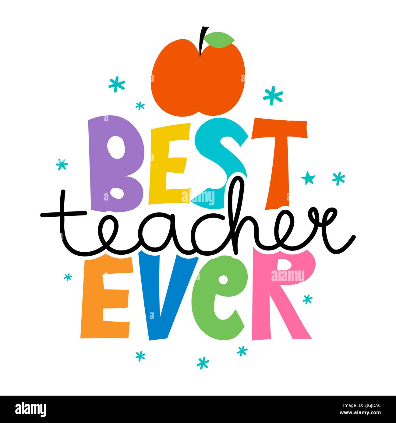 Meilleur professeur jamais vu - typographie noire. Carte cadeau pour la journée des enseignants. Illustration vectorielle sur fond blanc avec pomme et crayon. Retour à Schoo Illustration de Vecteur