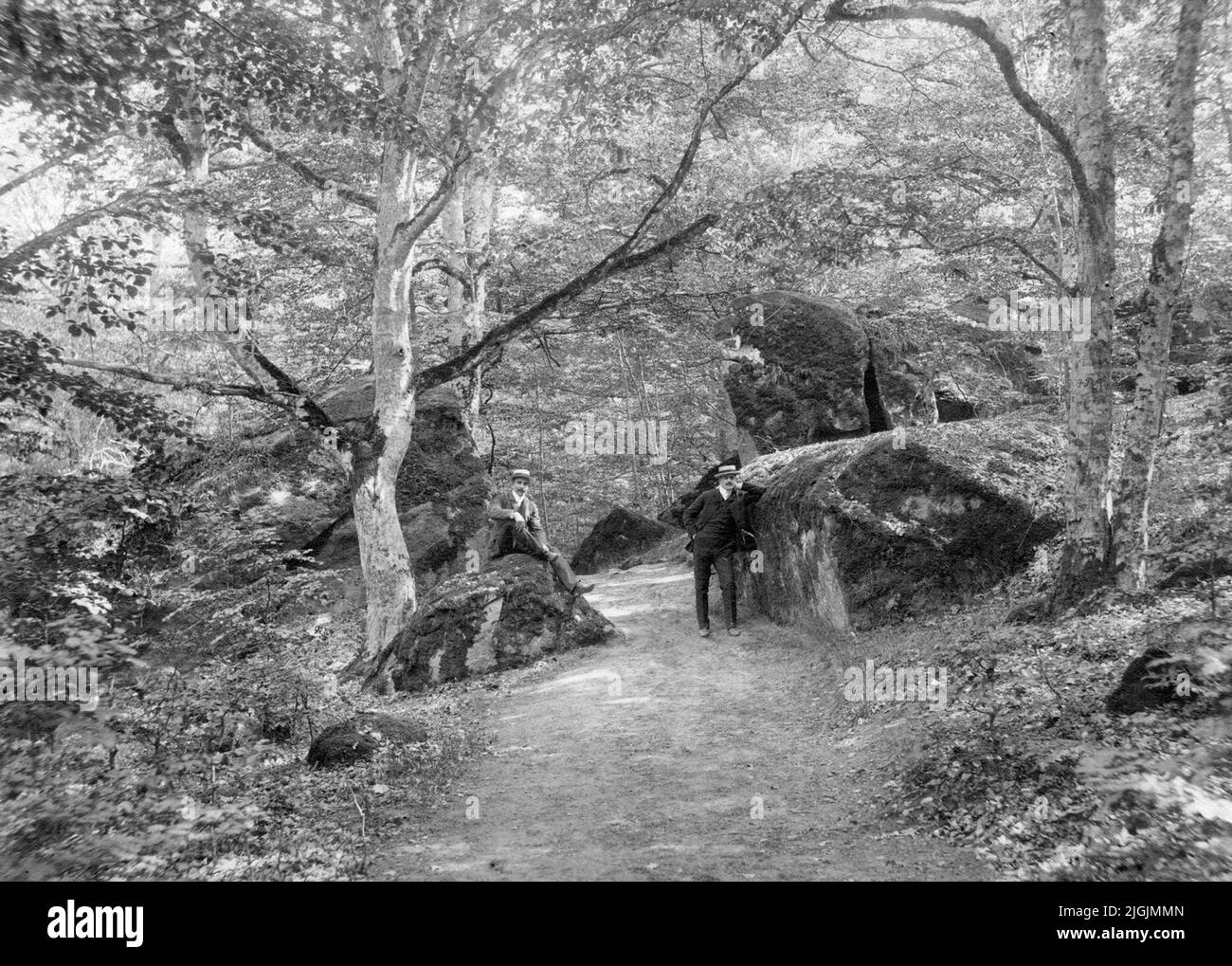 Kurort deux messieurs en chapeau de paille sur une promenade dans la forêt de puits. Banque D'Images