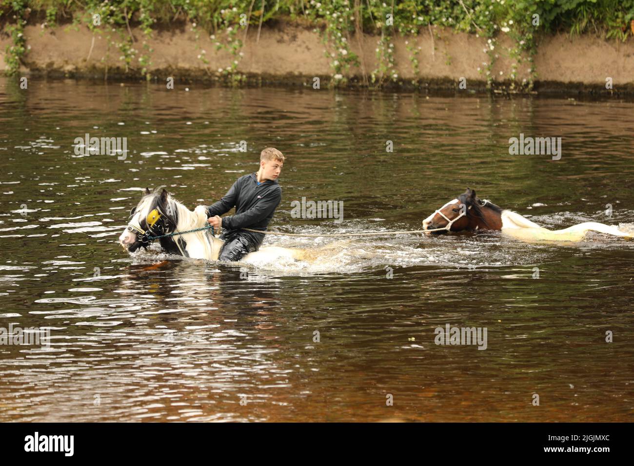 Un adolescent à cheval et à la tête d'un poney à travers l'Eden River, Appleby Horse Fair, Appleby à Westmorland, Cumbria Banque D'Images