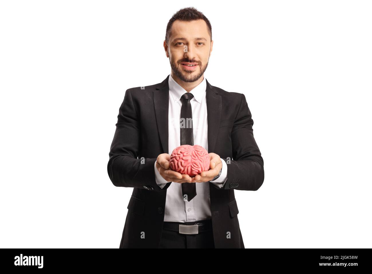 Homme d'affaires tenant un modèle de cerveau humain isolé sur fond blanc Banque D'Images