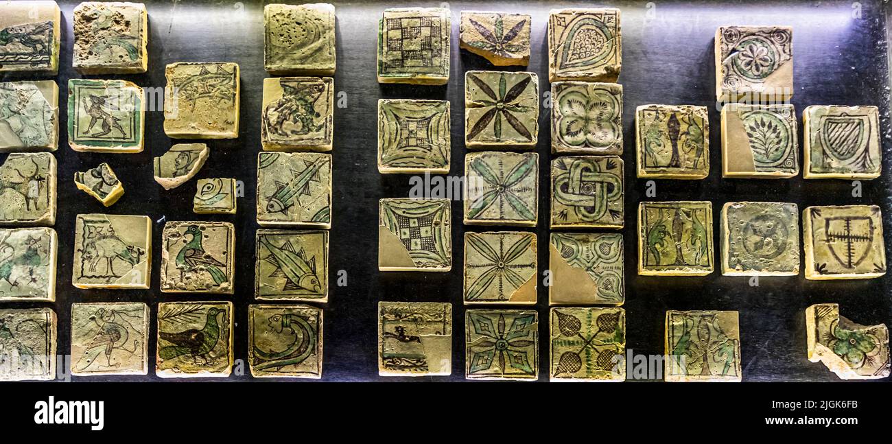 Des tuiles de sol médiévales individuelles portant des motifs d'animaux et héraldiques incisés sont disposées en rangées dans une vitrine du Palais papal d'Avignon, en France. Parmi les motifs visibles figurent des oiseaux, un poisson et un blason héraldique. Banque D'Images