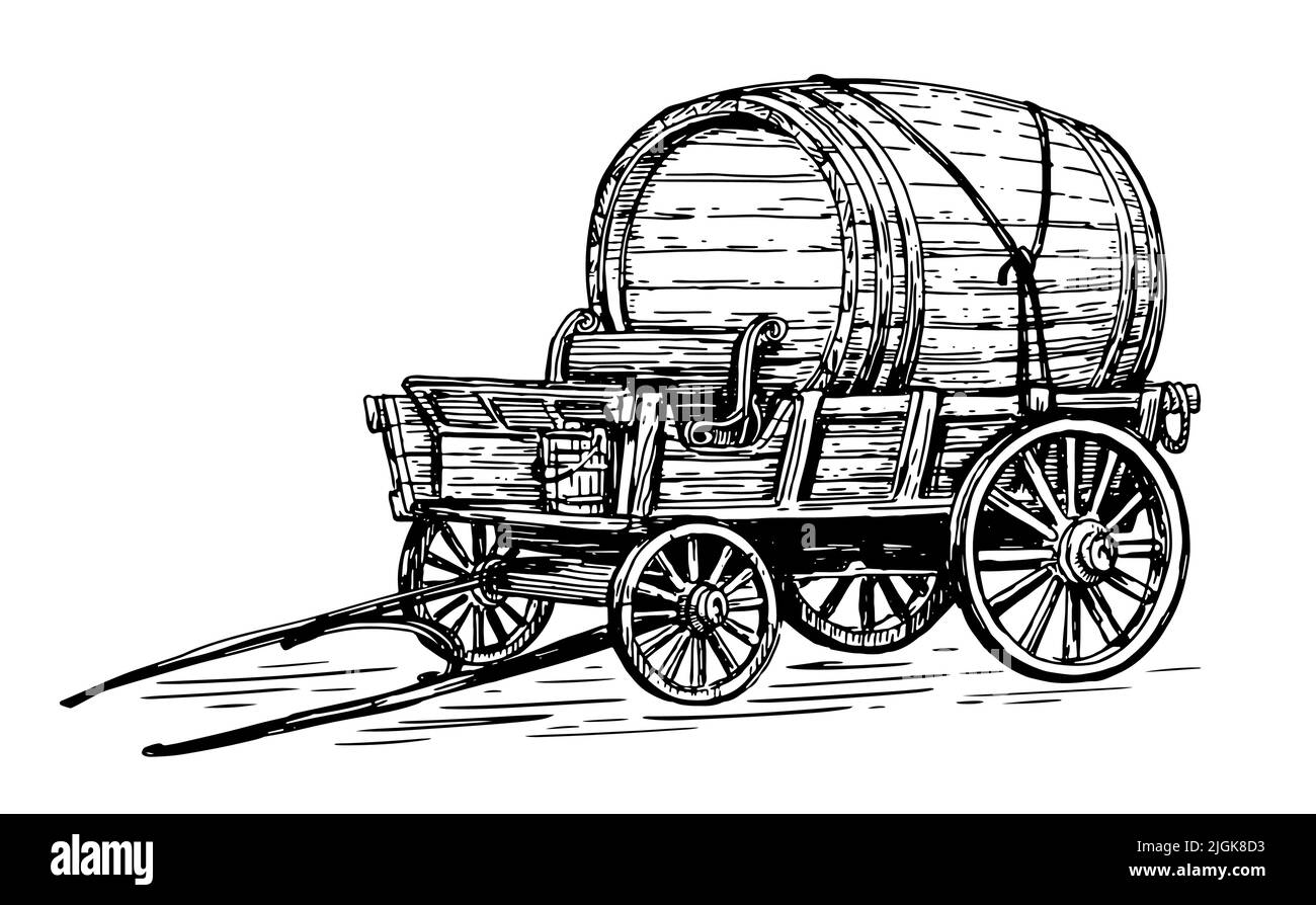 Baril en bois sur chariot pour étiquette ou affiche. Dessin à la main illustration vectorielle vintage de style gravé Illustration de Vecteur