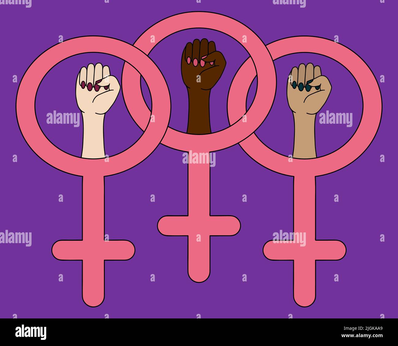 Symbole du mouvement féministe, des poings levés et des symboles féminins, lutte pour les droits des femmes Illustration de Vecteur