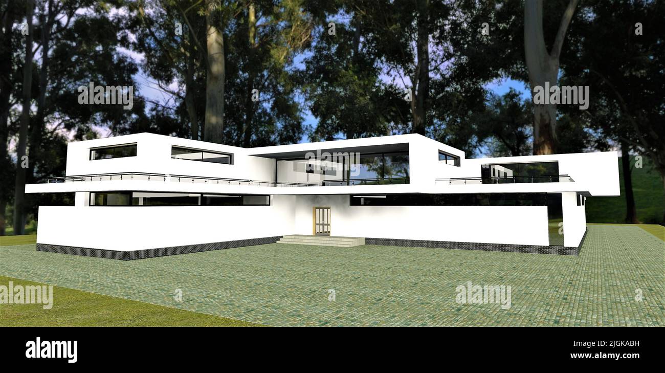 Mur blanc, bâtiment de style contemporain dans une forêt. 3d rendu. Un concept visuel d'une belle maison moderne. Banque D'Images