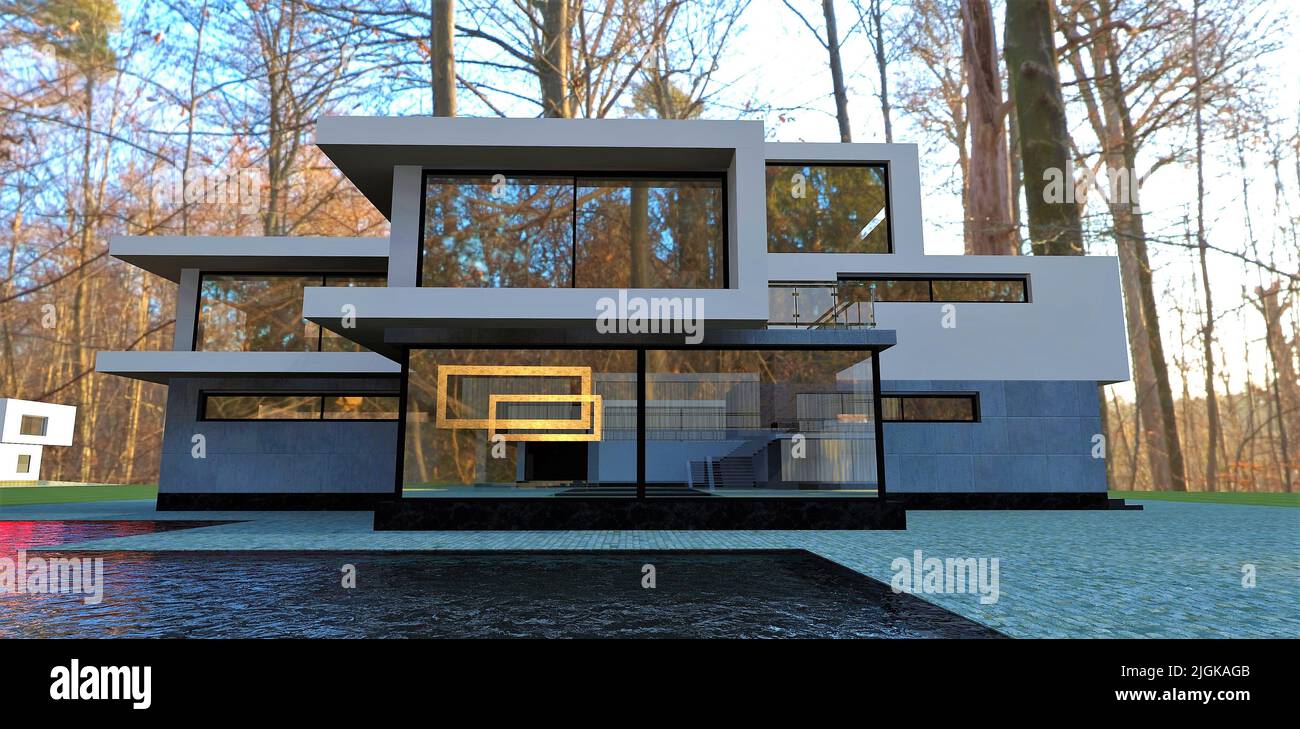 Luxueuse maison de trois étages de haute technologie dans la forêt d'automne. La fenêtre en miroir reflète la maison voisine. 3d rendu. Banque D'Images