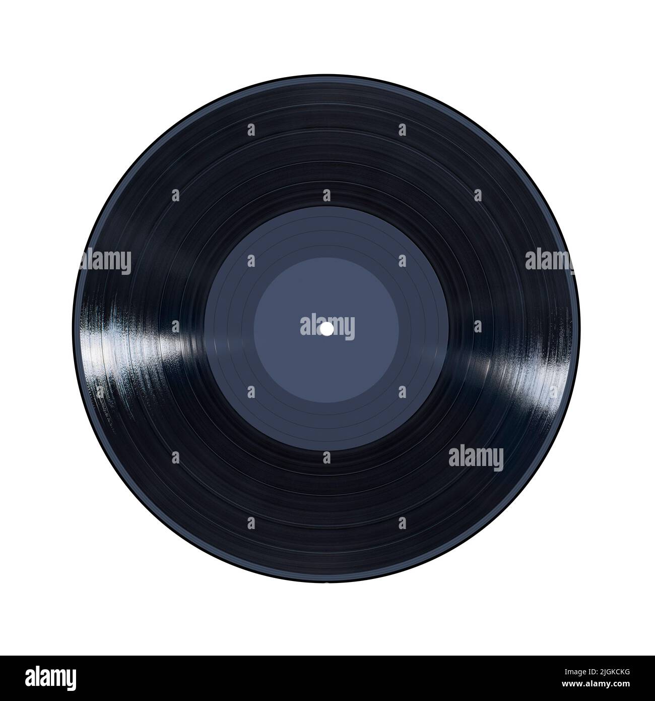 Enregistrement en vinyle noir avec réflexions lumineuses, isolé sur fond blanc avec espace vide vide vide pour la copie d'étiquettes grises. Banque D'Images