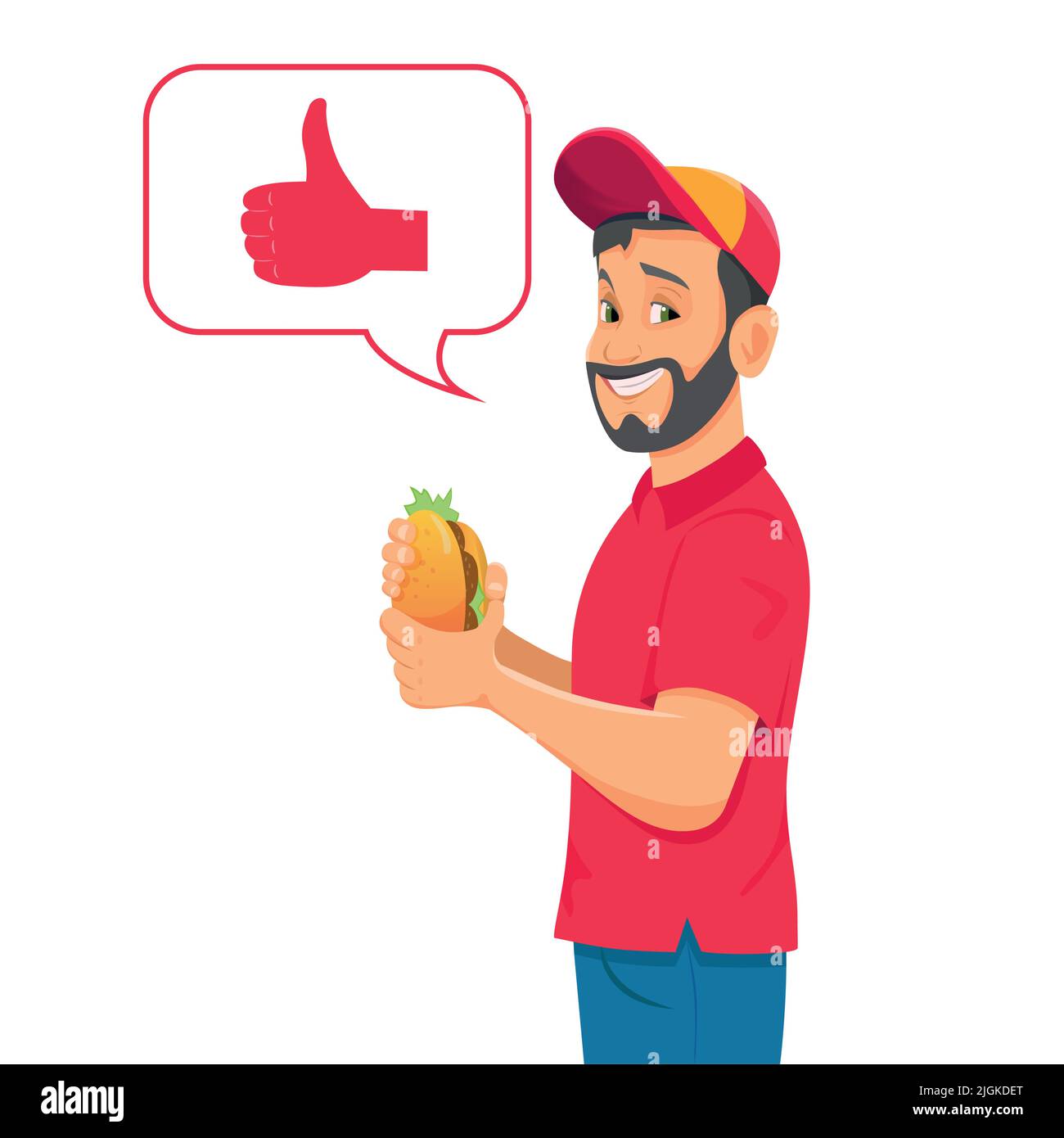 Drôle de personnage de dessin animé. Hungry Man Holding Burger et sourire. Illustration de Vecteur