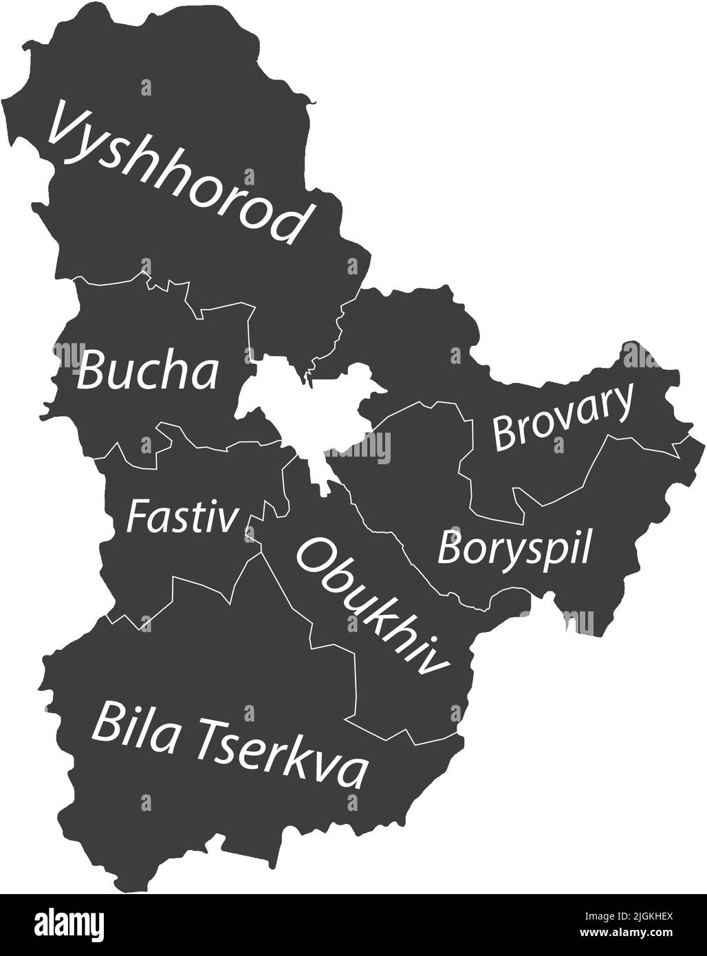 Carte des raons de l'OBLAST DE KIEV, UKRAINE, marquée en gris foncé Illustration de Vecteur