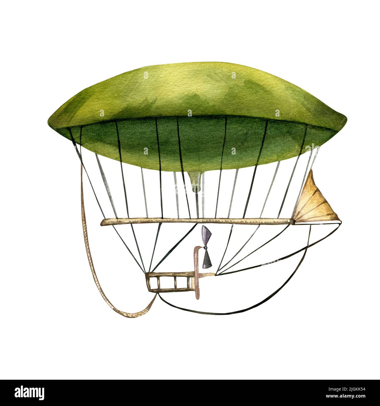 Première illustration d'aquarelle style vintage à motifs isolés. Vaisseau aérien avec hélice volant dans le ciel peint à la main. Transport enfant design eleme Banque D'Images