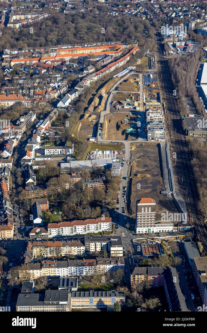 Vue aérienne, site de construction du quartier du prince héritier pour la construction de nouveaux appartements à la tour d'eau de la station sud, Westfendamm, Dortmund, région de Ruhr, Banque D'Images