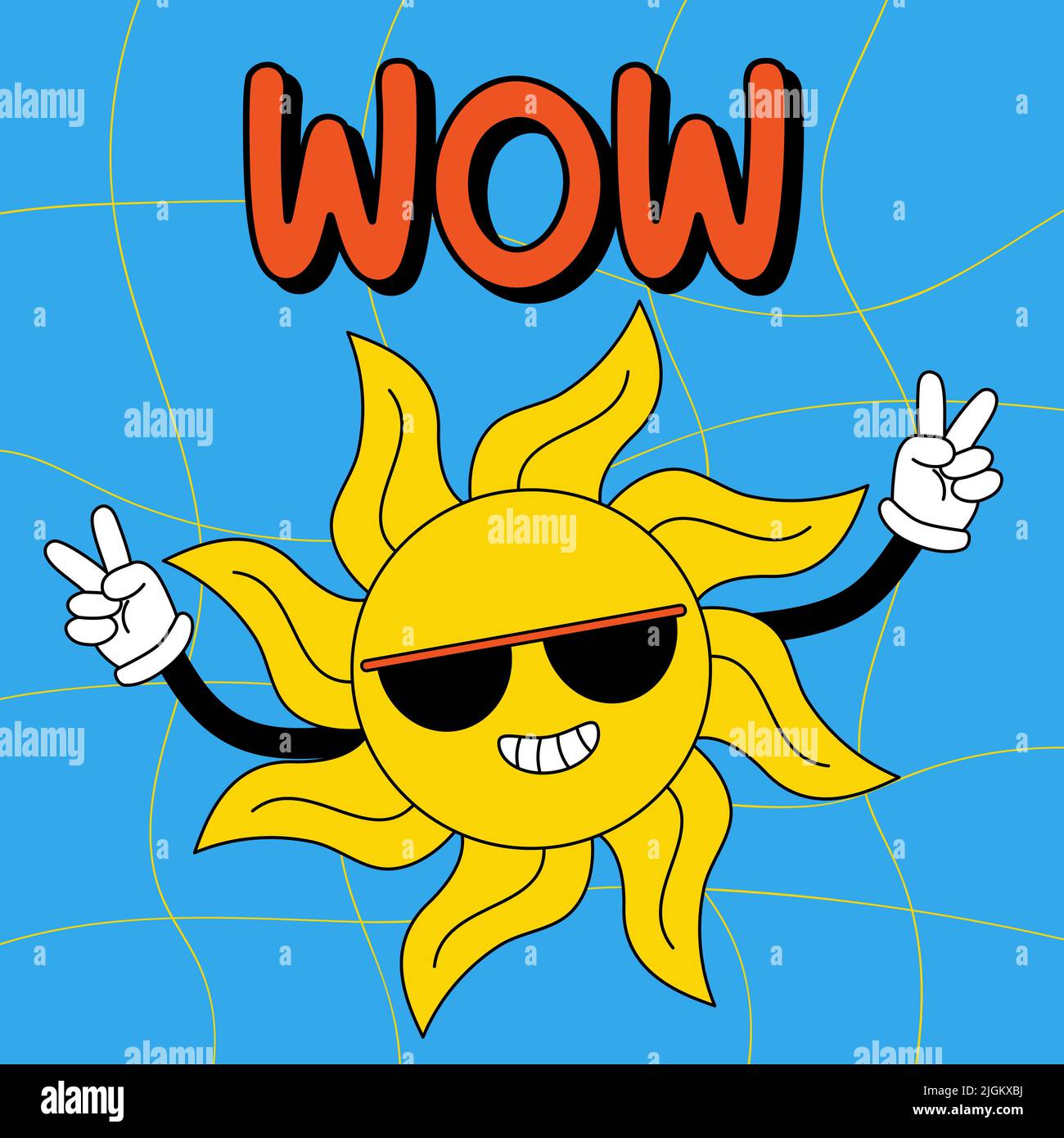 Personnage de dessin animé amusant. Groovy élément funky soleil dans des verres sombres avec des mains gantées. Génial. Illustration vectorielle style de dessin animé rétro tendance. Comic elemen Illustration de Vecteur