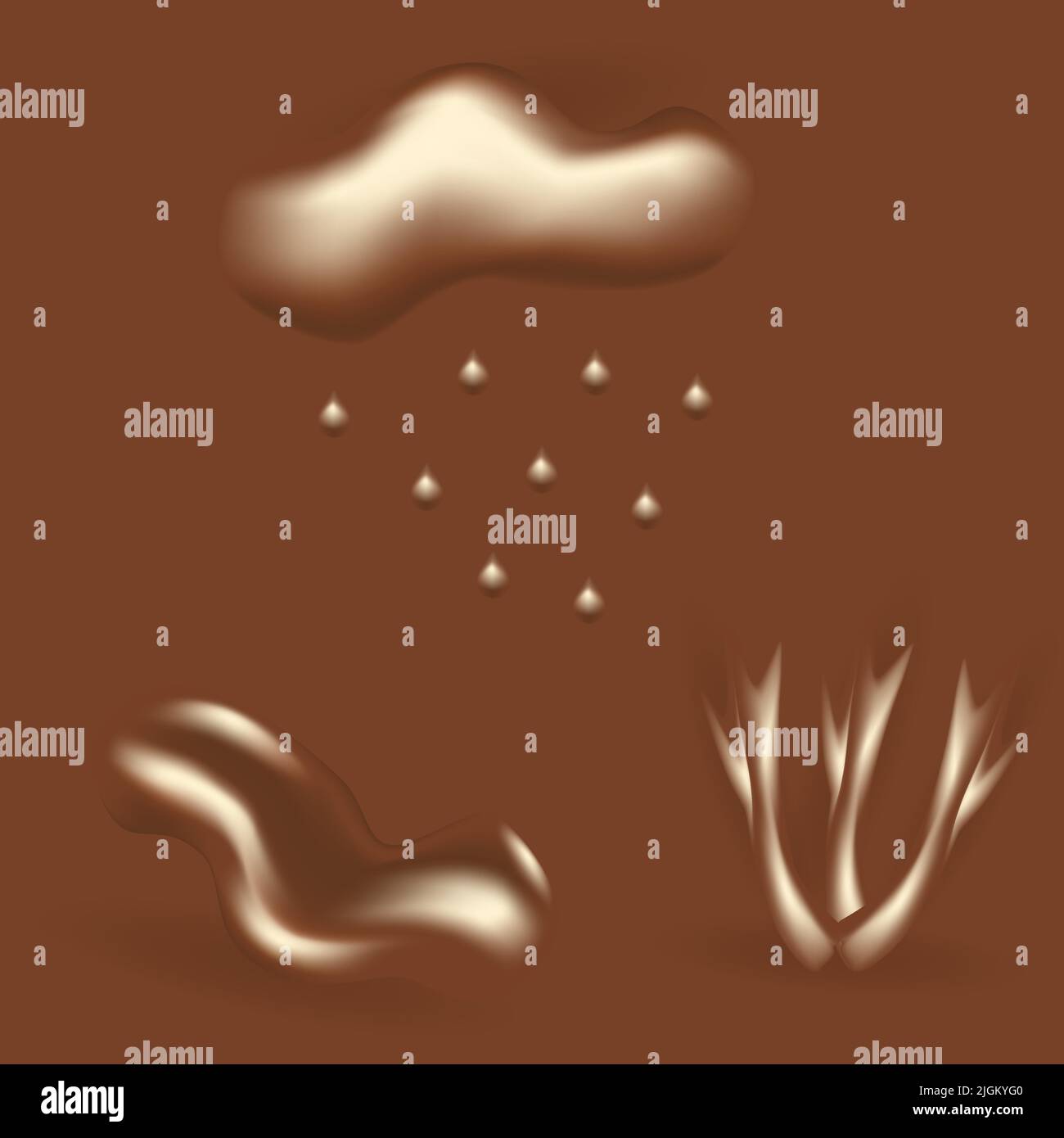 Un ensemble d'éléments graphiques abstraits et réalistes dans des teintes de chocolat tendance, tels que le nuage, les gouttes de pluie, le flaque, les gouttes, vagues. Illustration de Vector 3D. Autocollant. Style de vie Illustration de Vecteur