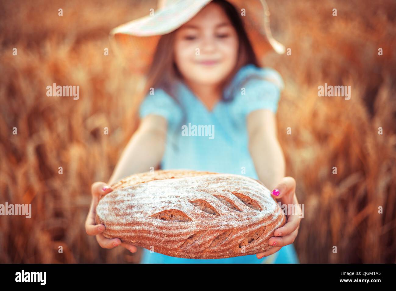 Belle fille femme dans le folklore traditionnel bulgare robe tenant le pain fait maison dans le champ de blé Banque D'Images