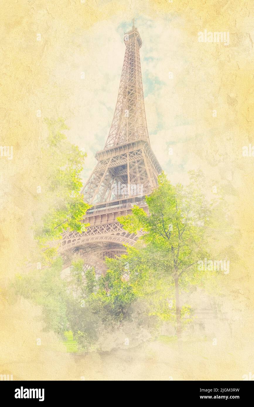 Tour Eiffel à Paris - Illustration effet aquarelle Banque D'Images